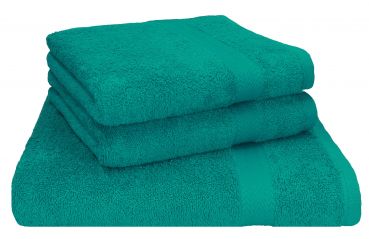 Set di 3 asciugamani Premium: 1 asciugamano da sauna 70 x 200 cm  e 2 asciugamani 50 x 100 cm, colore verde smeraldo, 100 % cotone