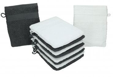 Betz 10 Stück Waschhandschuhe PALERMO 100%Baumwolle Waschlappen Set Größe 16x21 cm Farbe weiß und anthrazit