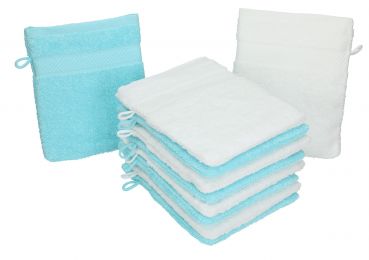Betz Lot de 10 gants de toilette PALERMO 100% coton taille 16x21 cm couleur: blanc & turquoise
