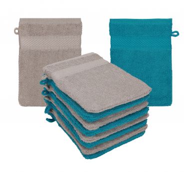 Betz Lot de 10 gants de toilette PALERMO 100% coton taille 16x21 cm bleu pétrole-gris pierre