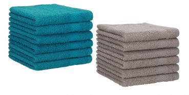 Betz Lot de 12 serviettes d'invité PALERMO 100% coton taille 30x50 cm bleu pétrole - gris pierre