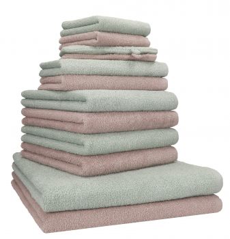 Betz Lot de 12 serviettes BERLIN 100% coton 2 draps de bain 4 serviettes de toilette 2 serviettes d'invité  2 lavettes et 2 gants couleur jade - cappuccino
