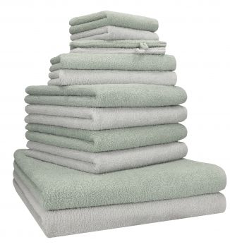 Betz Lot de 12 serviettes  BERLIN 100% coton 2 draps de bain 4 serviettes de toilette 2 serviettes d'invité 2 lavettes et 2 gants couleur jade - gris argenté