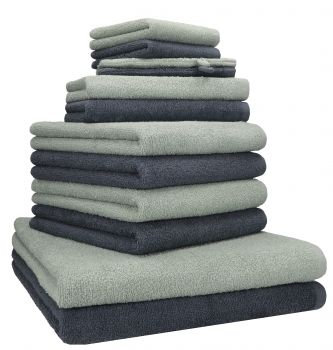 Betz 12 piece towel set BERLIN 100% cotton  bath towels  hand towels  guest towels  wash cloths  wash mitts colour jade - dark grey
