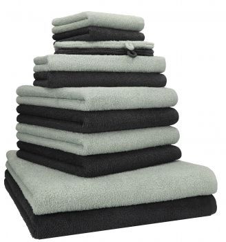 Betz Lot de 12 serviettes  BERLIN 100% coton 2 draps de bain 4 serviettes de toilette 2 serviettes d'invité 2 lavettes et 2 gants couleur jade - graphite