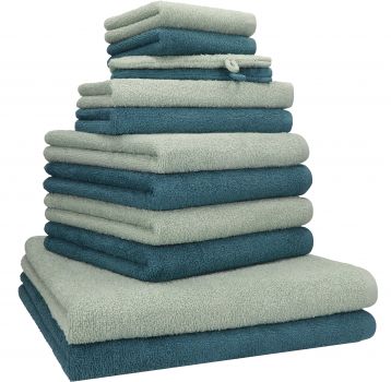 Betz Lot de 12 serviettes  BERLIN 100% coton 2 draps de bain 4 serviettes de toilette 2 serviettes d'invité 2 lavettes et 2 gants couleur jade - bleu pigeon