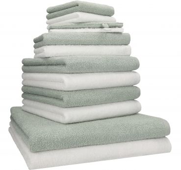 Betz Lot de 12 serviettes  BERLIN 100% coton 2 draps de bain 4 serviettes de toilette 2 serviettes d'invité 2 lavettes et 2 gants couleur jade - blanc