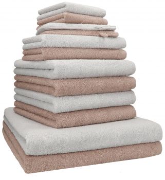 Betz 12 piece towel set BERLIN 100% cotton  bath towels  hand towels  guest towels  wash cloths  wash mitts colour cappuccino - silver grey