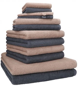 Betz 12 piece towel set BERLIN 100% cotton  bath towels  hand towels  guest towels  wash cloths  wash mitts colour cappuccino - dark grey