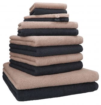 Betz Lot de 12 serviettes  BERLIN 100% coton 2 draps de bain 4 serviettes de toilette 2 serviettes d'invité lavettes et 2 gants couleur cappuccino - graphite