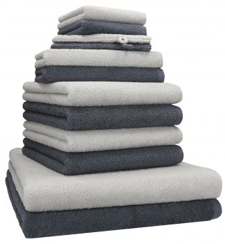Betz 12 tlg. Handtuch Set BERLIN Liegetücher  Handtücher  Gästetücher  Seiftücher und  Waschhandschuhe Farbe silbergrau - dunkelgrau