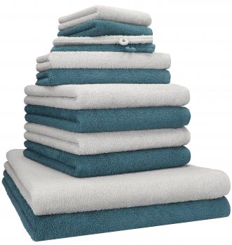 Betz 12 tlg. Handtuch Set BERLIN Liegetücher  Handtücher  Gästetücher  Seiftücher und  Waschhandschuhe Farbe silbergrau - taubenblau