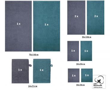 Betz Lot de 12 serviettes  BERLIN 100% coton 2 draps de bain 4 serviettes de toilette 2 serviette d'invité 2 lavettes et 2 gants couleur gris foncé - bleu pigeon