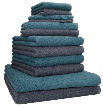 Betz 12 tlg. Handtuch Set BERLIN Liegetücher  Handtücher  Gästetücher  Seiftücher und  Waschhandschuhe Farbe dunkelgrau - taubenblau