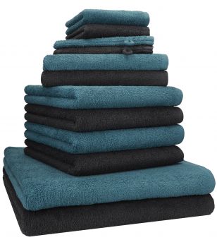 Betz 12 tlg. Handtuch Set BERLIN Liegetücher  Handtücher  Gästetücher  Seiftücher und  Waschhandschuhe Farbe graphit - taubenblau
