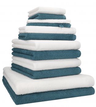 Betz 12 tlg. Handtuch Set BERLIN Liegetücher  Handtücher  Gästetücher  Seiftücher und  Waschhandschuhe Farbe taubenblau - weiß