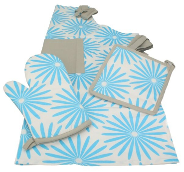 Betz 3 tlg Grillschürzen Set Kochschürze Latzschürze Küchenschürze Topfhandschuh Topflappen BLUME Farbe blau