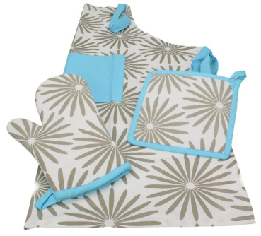 Betz 3 tlg Grillschürzen Set Kochschürze Latzschürze Küchenschürze Topfhandschuh Topflappen BLUME Farbe sand