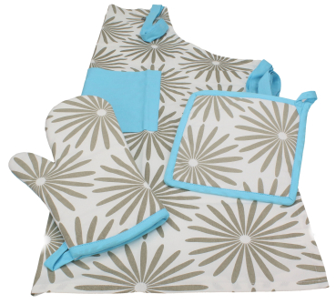 Küchen-Set 3-teilig blau, bedruckt, Küchenschürze, Topfhandschuh, Topflappen - Kopie - Kopie - Kopie - Kopie - Kopie - Kopie