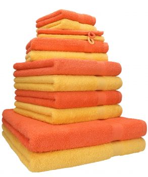 Betz lot de 12 serviettes Premium 2 draps de bain 4 serviettes de toilette 2 serviettes d'invité 2 lavettes 2 gants de toilette 100% coton jaune miel/orangé sang