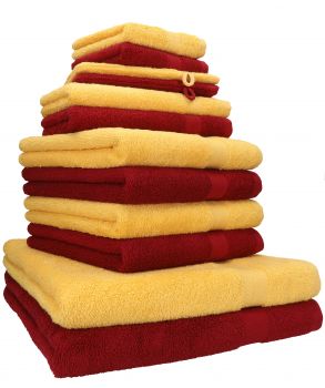 Betz Juego de 12 toallas PREMIUM 100% algodón de color amarillo miel/rojo rubí
