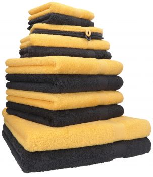 Betz 12-tlg. Handtuch-Set PREMIUM 100% Baumwolle 2 Duschtücher 4 Handtücher 2 Gästetücher 2 Seiftücher 2 Waschhandschuhe honiggelb/graphit