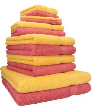 Betz Juego de 12 toallas PREMIUM 100% algodón de color amarillo miel/rojo frambuesa