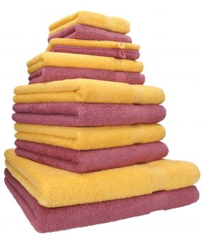 Betz Juego de 12 toallas PREMIUM 100% algodón de color amarillo miel/rojo baya
