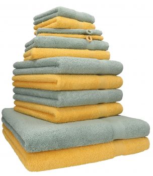 Betz lot de 12 serviettes Premium 2 draps de bain 4 serviettes de toilette 2 serviettes d'invité 2 lavettes 2 gants de toilette 100% coton jaune miel/vert foin