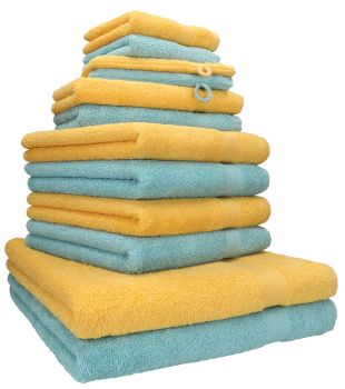 Betz lot de 12 serviettes Premium 2 draps de bain 4 serviettes de toilette 2 serviettes d'invité 2 lavettes 2 gants de toilette 100% coton jaune miel/bleu océan
