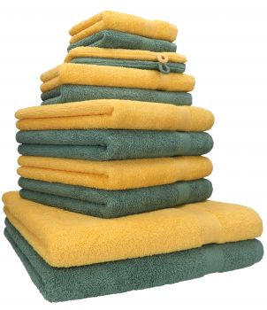 Betz 12-tlg. Handtuch-Set PREMIUM 100% Baumwolle 2 Duschtücher 4 Handtücher 2 Gästetücher 2 Seiftücher 2 Waschhandschuhe honiggelb/tannengrün