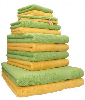 Betz Set da 12 asciugamani PREMIUM 100% cotone 2 asciugamani da doccia 4 asciugamani 2 asciugamani per gli ospiti 2 lavette 2 guanti da bagno giallo miele/verde avocado