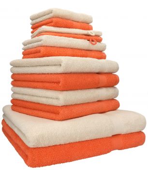 Betz 12-tlg. Handtuch-Set PREMIUM 100% Baumwolle 2 Duschtücher 4 Handtücher 2 Gästetücher 2 Seiftücher 2 Waschhandschuhe blutorange/sand