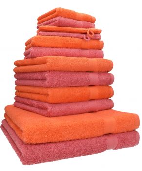 Betz lot de 12 serviettes Premium 2 draps de bain 4 serviettes de toilette 2 serviettes d'invité 2 lavettes 2 gants de toilette 100% coton orangé sang/framboise