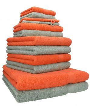 Betz 12 Piece Towel Set PREMIUM 100% Cotton 2 Wash Mitts 2 Wash Cloths 2 Guest Towels 4 Hand Towels 2 Bath Towels - blood orange/hay green