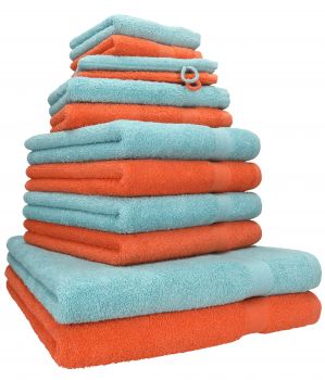 Betz 12-tlg. Handtuch-Set PREMIUM 100% Baumwolle 2 Duschtücher 4 Handtücher 2 Gästetücher 2 Seiftücher 2 Waschhandschuhe blutorange/ocean