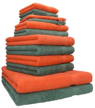 Betz Set da 12 asciugamani PREMIUM 100% cotone 2 asciugamani da doccia 4 asciugamani 2 asciugamani per gli ospiti 2 lavette 2 guanti da bagno arancio sanguinello/verde abete