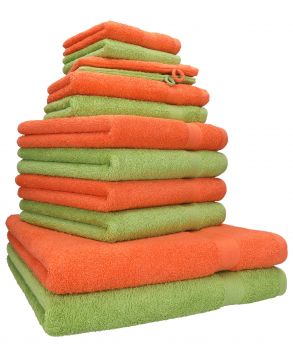 Betz 12-tlg. Handtuch-Set PREMIUM 100% Baumwolle 2 Duschtücher 4 Handtücher 2 Gästetücher 2 Seiftücher 2 Waschhandschuhe blutorange/avocadogrün