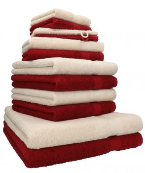 Betz 12 Piece Towel Set PREMIUM 100% Cotton 2 Wash Mitts 2 Wash Cloths 2 Guest Towels 4 Hand Towels 2 Bath Towels - ruby/sand
