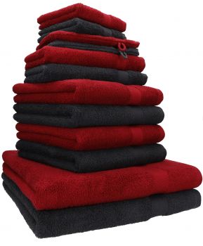 Betz Premium 12 pieces terry towel set - 2x bath towels - 4x hand towels - 2x guest towels - 2x face towels - 2x wash gloves - ruby red/graphite