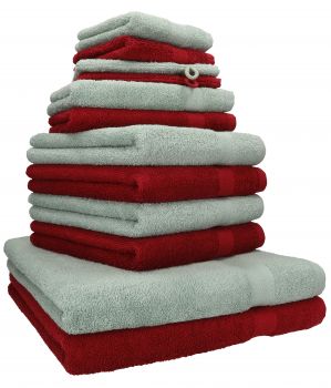 Betz 12 Piece Towel Set PREMIUM 100% Cotton 2 Wash Mitts 2 Wash Cloths 2 Guest Towels 4 Hand Towels 2 Bath Towels - ruby/hay green