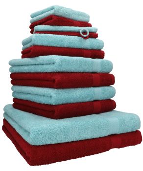 Betz Juego de 12 toallas PREMIUM 100% algodón de color rojo rubí/azul océano