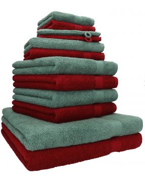 Betz 12 Piece Towel Set PREMIUM 100% Cotton 2 Wash Mitts 2 Wash Cloths 2 Guest Towels 4 Hand Towels 2 Bath Towels - ruby/fir green
