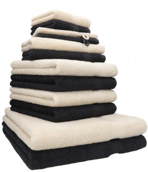 Betz 12-tlg. Handtuch-Set PREMIUM 100% Baumwolle 2 Duschtücher 4 Handtücher 2 Gästetücher 2 Seiftücher 2 Waschhandschuhe sand/graphit