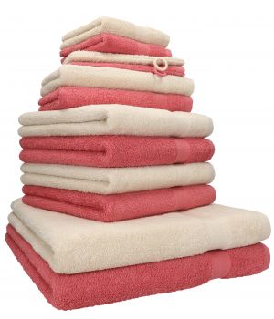 Betz 12 Piece Towel Set PREMIUM 100% Cotton 2 Wash Mitts 2 Wash Cloths 2 Guest Towels 4 Hand Towels 2 Bath Towels - sand/raspberry