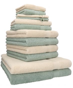 Betz 12-tlg. Handtuch-Set PREMIUM 100% Baumwolle 2 Duschtücher 4 Handtücher 2 Gästetücher 2 Seiftücher 2 Waschhandschuhe sand/heugrün