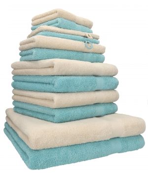 Betz Set da 12 asciugamani PREMIUM 100% cotone 2 asciugamani da doccia 4 asciugamani 2 asciugamani per gli ospiti 2 lavette 2 guanti da bagno sabbia/blu oceano