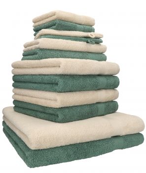 Betz 12-tlg. Handtuch-Set PREMIUM 100% Baumwolle 2 Duschtücher 4 Handtücher 2 Gästetücher 2 Seiftücher 2 Waschhandschuhe sand/tannengrün