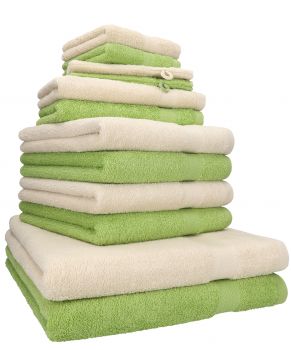 Betz 12-tlg. Handtuch-Set PREMIUM 100% Baumwolle 2 Duschtücher 4 Handtücher 2 Gästetücher 2 Seiftücher 2 Waschhandschuhe sand/avocadogrün