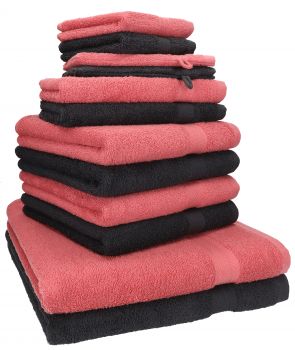 Betz Juego de 12 toallas PREMIUM 100% algodón de color grafito/rojo frambuesa